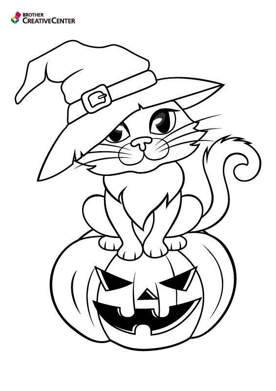 Free Printable Coloring Page Template - Cat and Pumpkin | Brother Creative Center