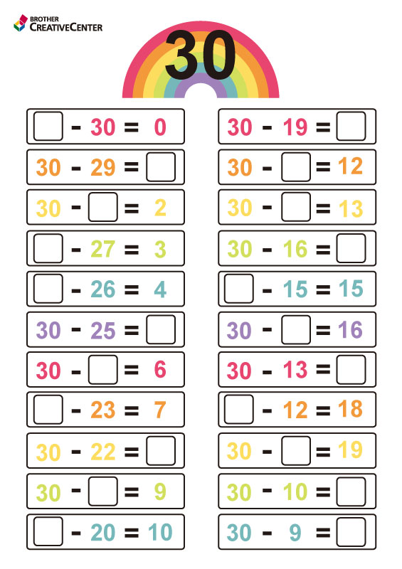 Free Printable Educational Activity - Number bonds to 30 - subtraction | Brother Creative Center