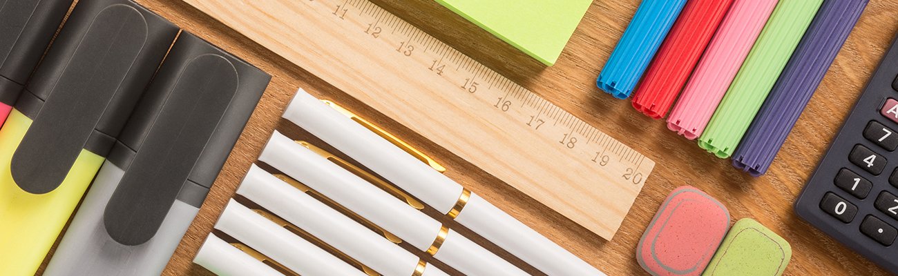 school supplies on desk