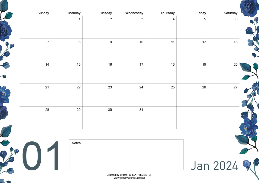 Printable Calendar for Free - Bloomed borders 2024 | Brother Creative Center