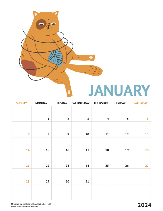 Printable Calendar for Free - Comfy cats 2024 | Brother Creative Center