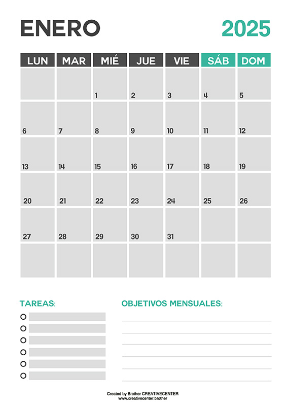 Calendarios imprimibles gratis - Gris 2025 | Brother Creative Center