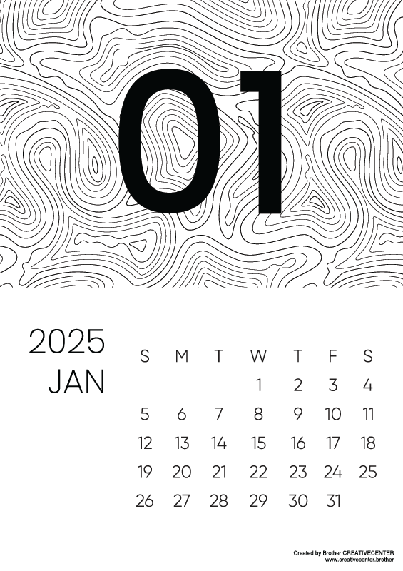 Gratis afdrukbare kalender - Zwart-wit golven 2025 | Brother Creative Center