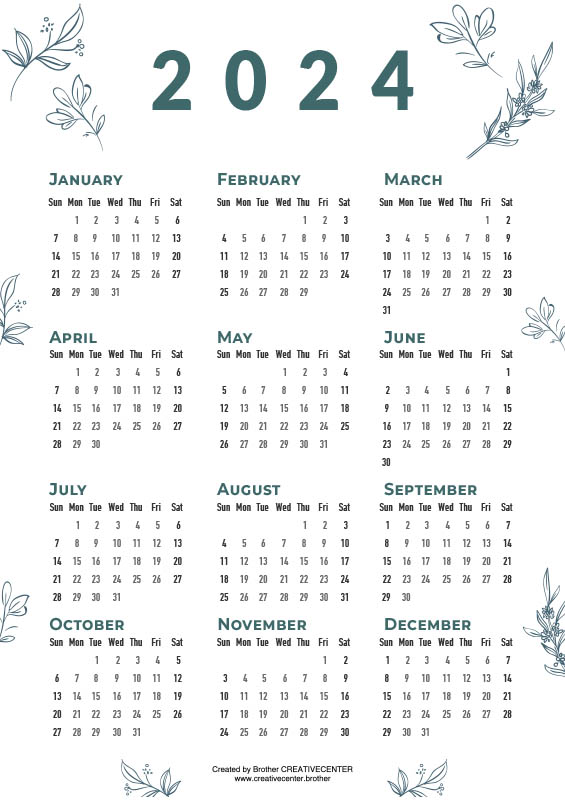 Printable Calendar for Free - Aqua blossom 2024 | Brother Creative Center