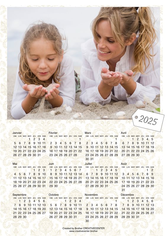 Calendrier imprimable gratuitement - Motif Damas Beige 2025 | Brother Creative Center