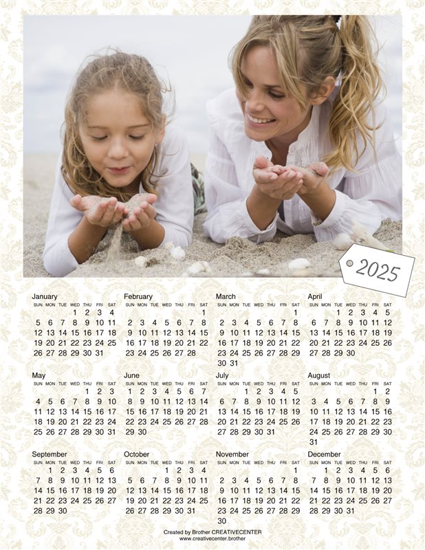 Free Printable Calendar - Beige Damask Pattern 2025 | Brother Creative Center