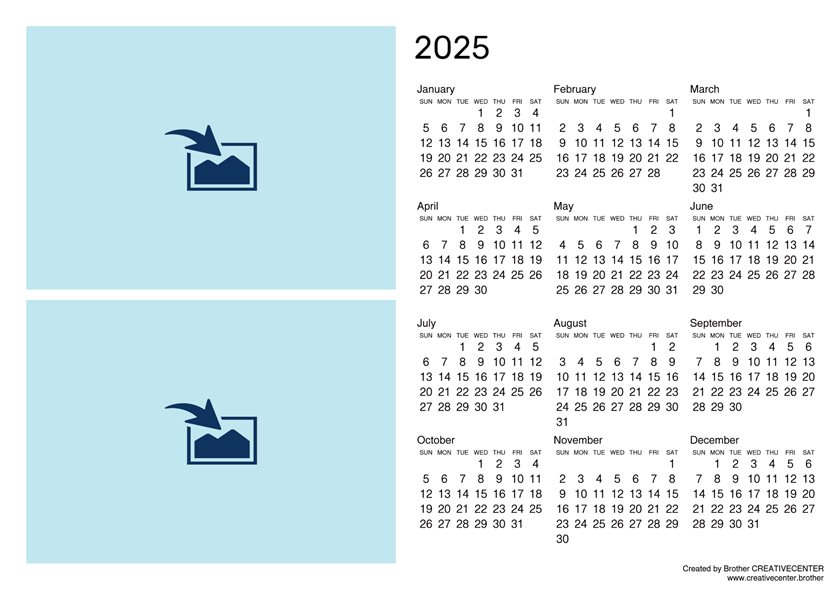 Printable Calendar for Free - Blank Calendar Landscape (Two Photo Frames) 2025 | Brother Creative Center