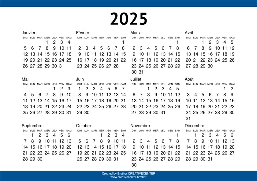 Calendrier imprimable gratuitement Frontière bleue unique 2025