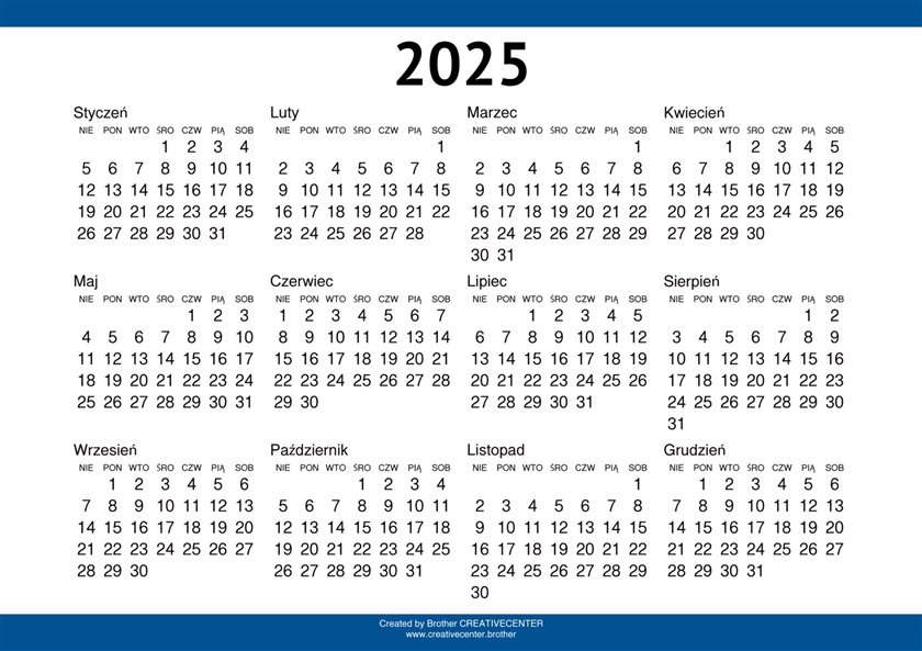 Bezpłatna kalendarze - Granica niebieska pojedyncza 2025 | Brother Creative Center