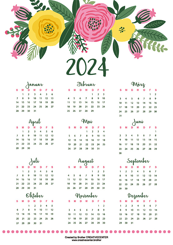 Kostenlose Kalender zum Ausdrucken - Blumenkopf 2024 | Brother Creative Center