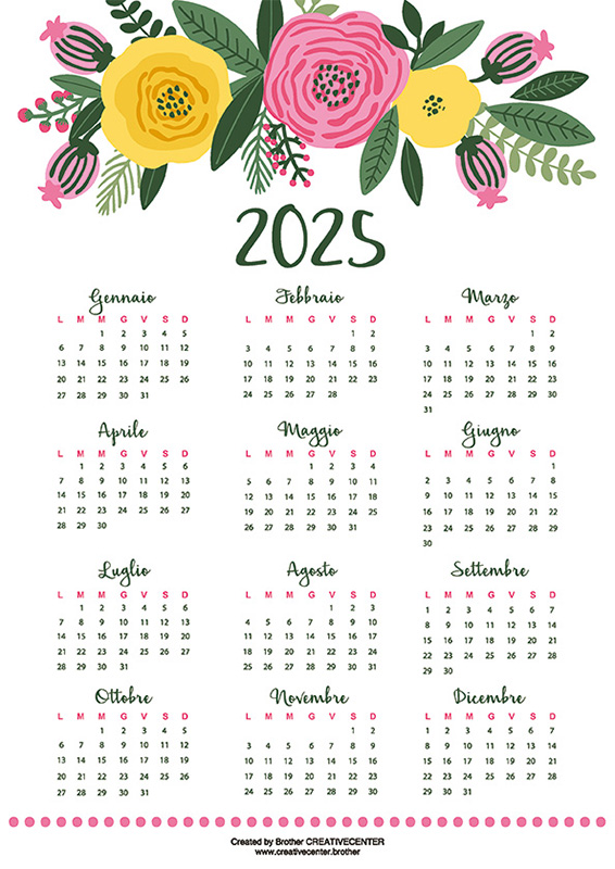 Calendari gratuiti da stampare - Intestazione floreale 2025 | Brother Creative Center