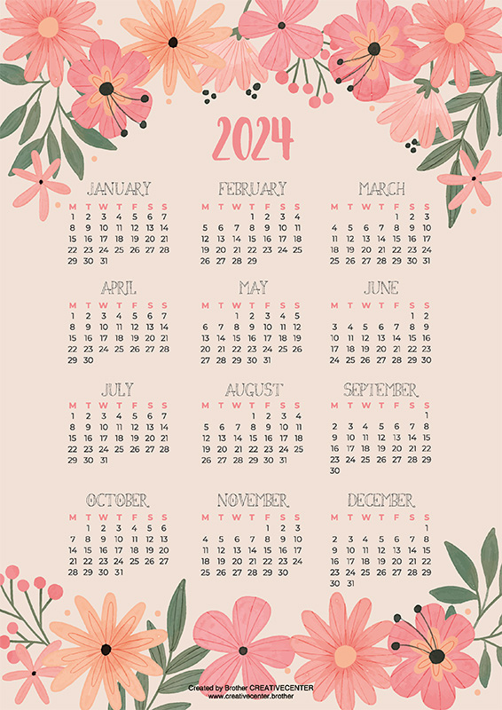 Printable Calendar for Free - Floral Pink 2024 | Brother Creative Center