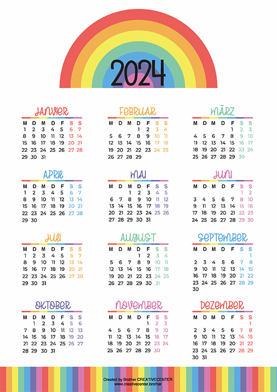 Kostenlose Kalender zum Ausdrucken - Regenbogenfarben 2024 | Brother Creative Center