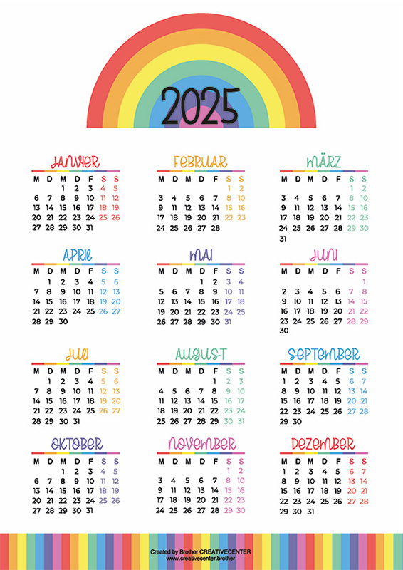 Kostenlose Kalender zum Ausdrucken - Regenbogenfarben 2024 | Brother Creative Center