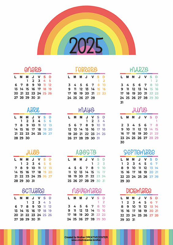 Calendarios imprimibles gratis - Colores del arco iris 2025 | Brother Creative Center