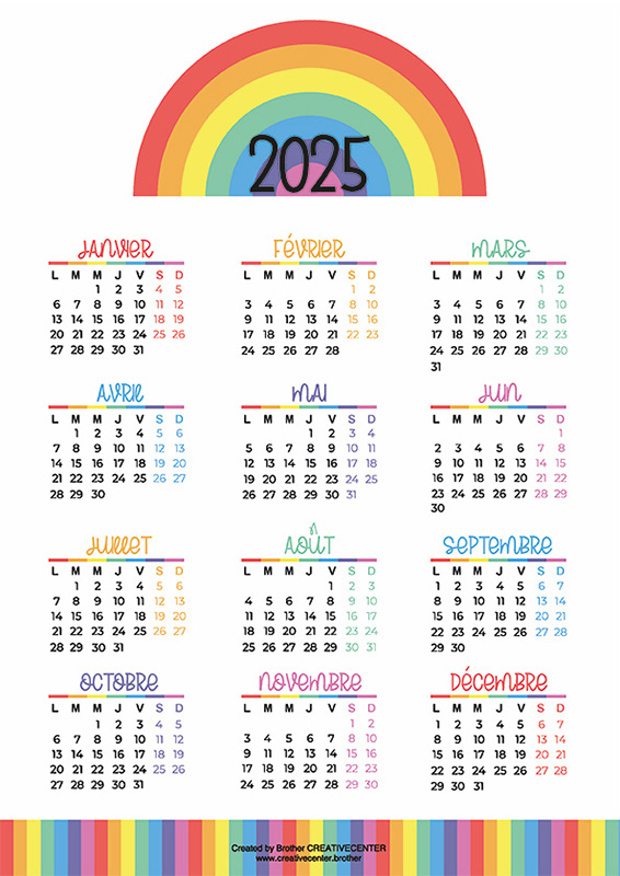 Calendrier imprimable gratuitement - Couleurs de l'arc-en-ciel 2024 | Brother Creative Center