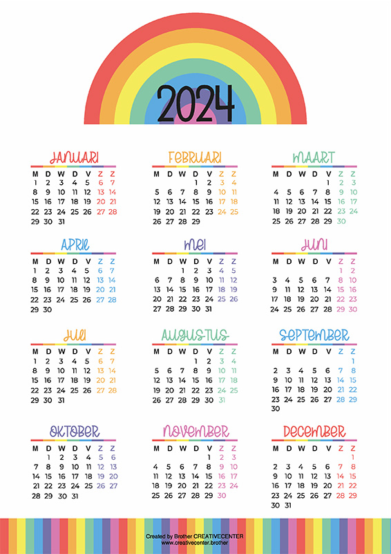 Gratis afdrukbare kalender  - Regenboogkleuren 2024 | Brother Creative Center