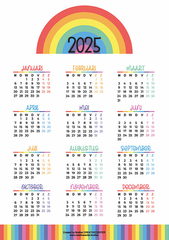 Gratis afdrukbare kalender - Regenboogkleuren 2025 | Brother Creative Center