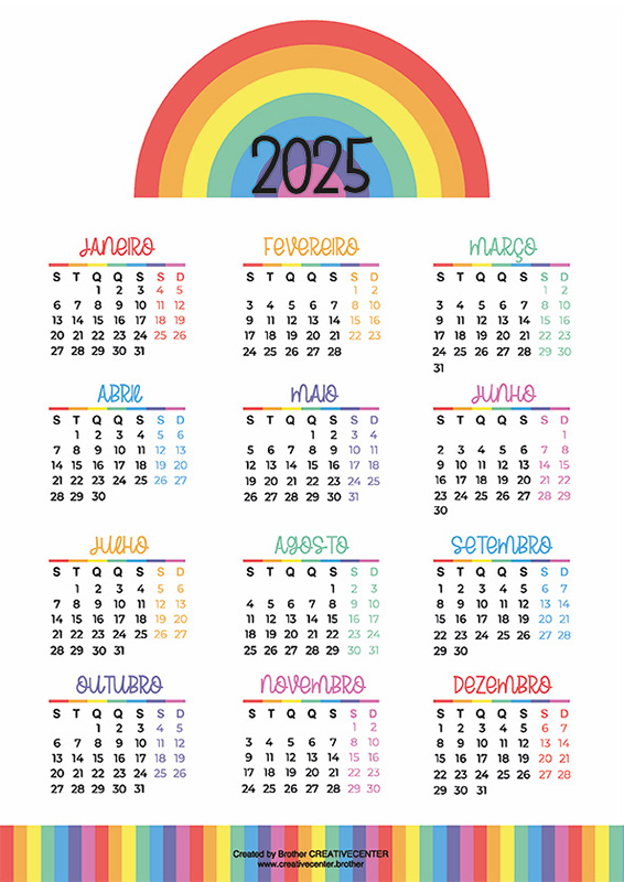 Calendários imprimíveis grátis Cores do arcoíris 2025