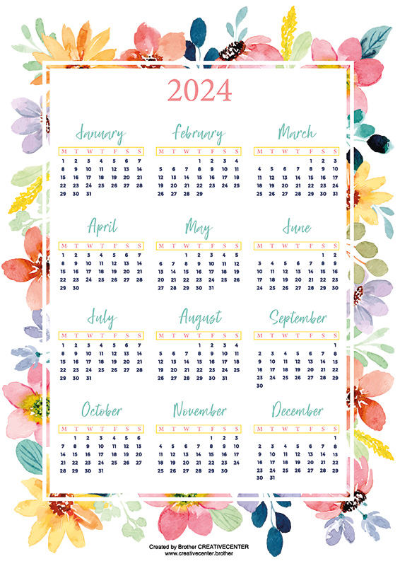 Free Printable Calendar - Watercolor flowers 2024 | Brother Creative Center