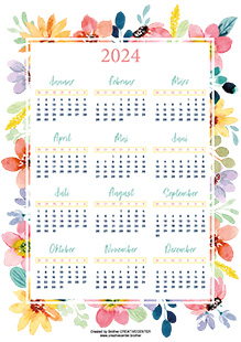 Kostenlose Kalender zum Ausdrucken - Aquarellblumen 2024 | Brother Creative Center