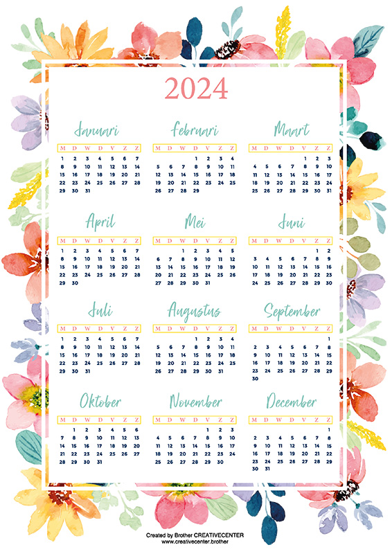 Gratis afdrukbare kalender  - Aquarel bloemen 2024 | Brother Creative Center
