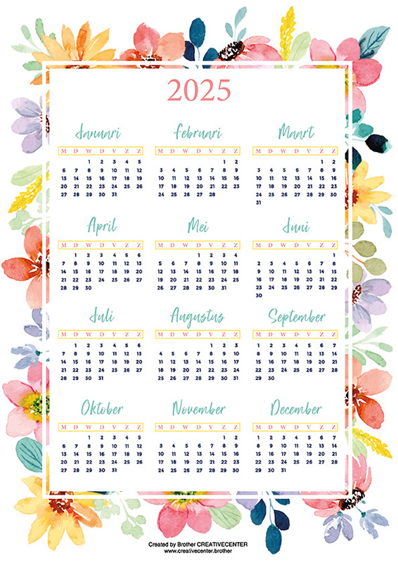 Gratis afdrukbare kalender - Aquarel bloemen 2025 | Brother Creative Center
