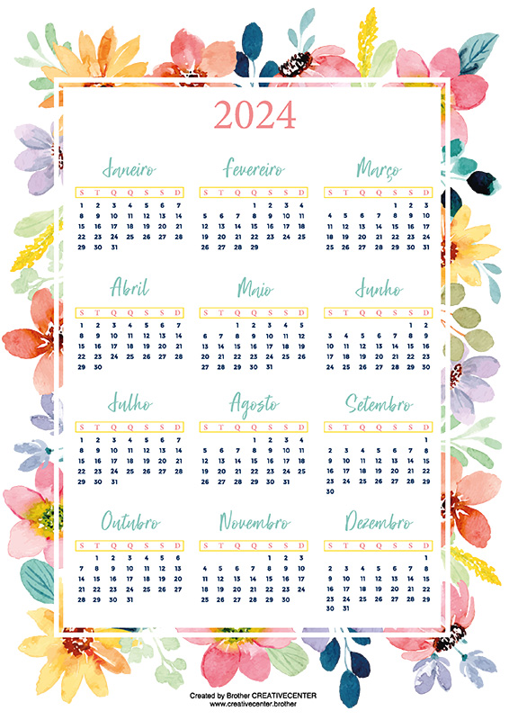 Calendários imprimíveis grátis - Flores em aquarela 2024 | Brother Creative Center