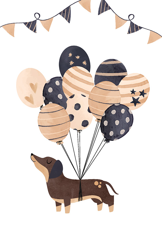 Tarjetas e invitaciones imprimible gratis - Perro con globos | Brother Creative Center