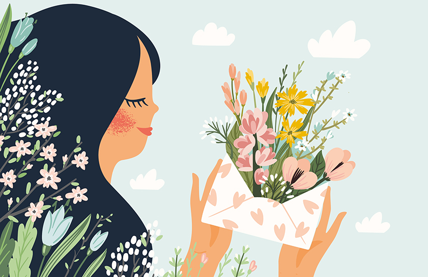 Frau mit Blumenumschlag