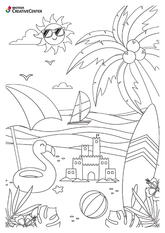 Printable Colouring Page for Free - Sunny Beach Scene | Brother Creative Center