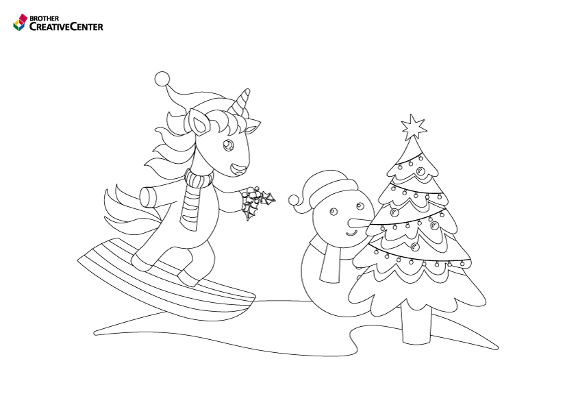 Acuarela de unicornio y muñeco de nieve