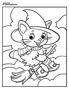 Free Printable Coloring Page Template - Halloween Witch Cat | Brother Creative Center