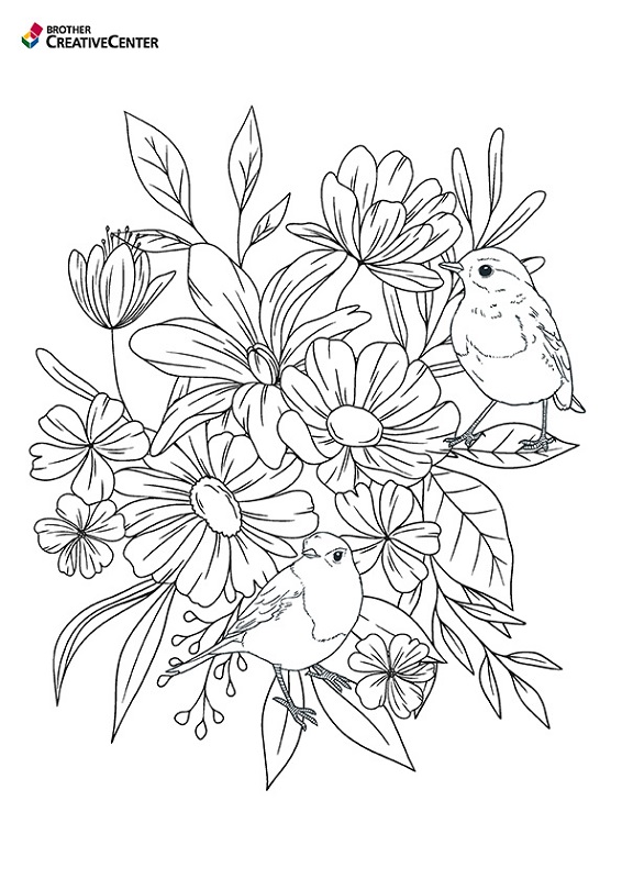 Printable Colouring Page for Free - Birds and Bloom | Brother Creative Center