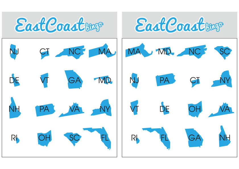 License Plate Bingo Cards - East Coast