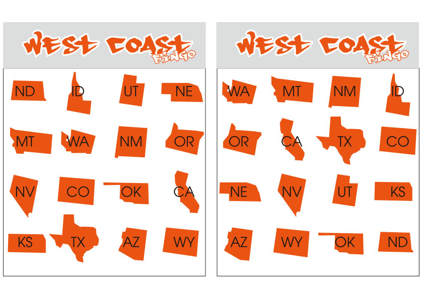 License Plate Bingo Cards - West Coast