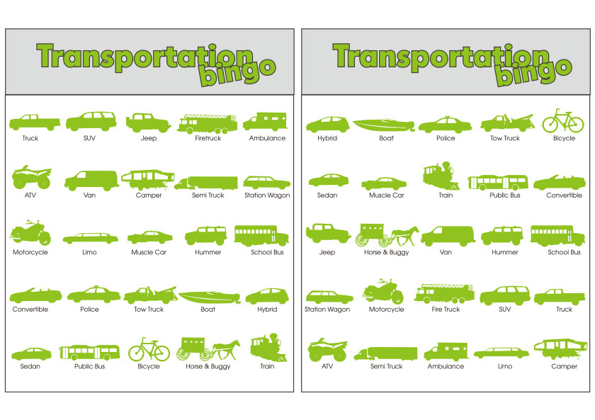 Transportation Bingo Cards