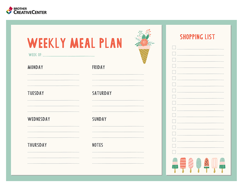 Free Printable Organization Tool - Weekly meal planner | Brother Creative Center