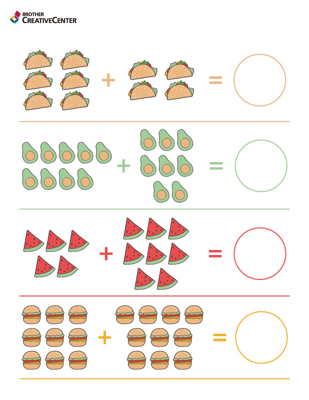 Free Printable Educational Activity - Addition Worksheet - Foods | Brother Creative Center