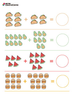Free Printable Educational Activity - Addition Worksheet - Foods | Brother Creative Center