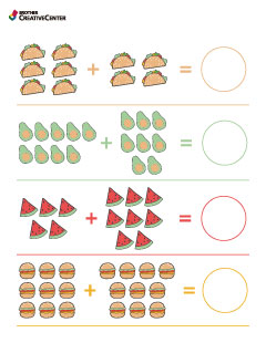 Activité pédagogique imprimable gratuitement - Feuille de travail sur les additions - Aliments | Brother Creative Center