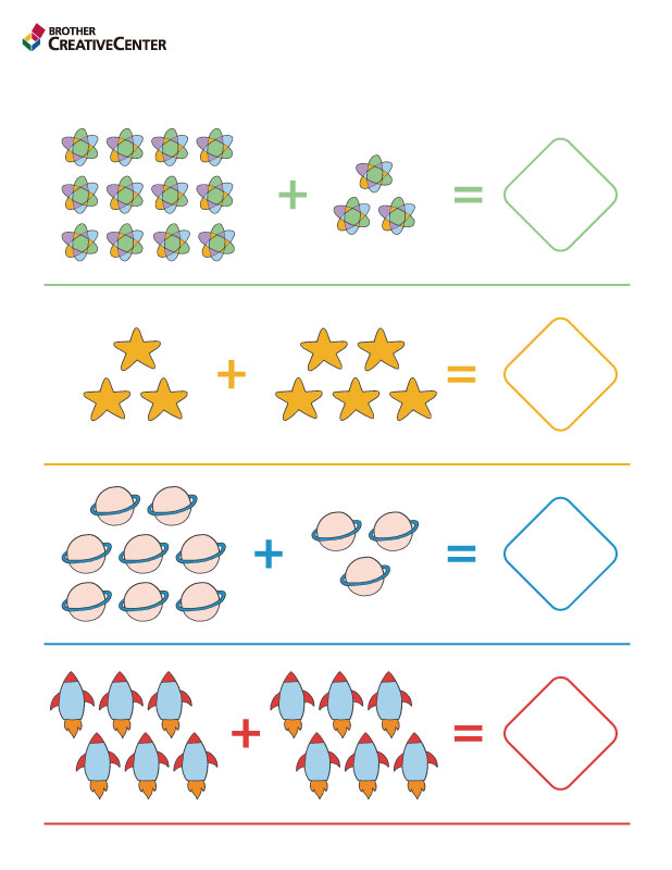 Free Printable Educational Activity - Addition Worksheet - Space | Brother Creative Center