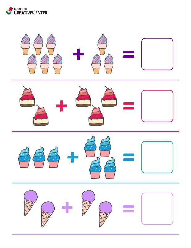 Activité pédagogique imprimable gratuitement - Feuille de travail sur les additions - Friandises | Brother Creative Center
