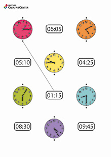 Attività didattiche gratuiti da stampare - Foglio per esercizi con orologi colorati | Brother Creative Center