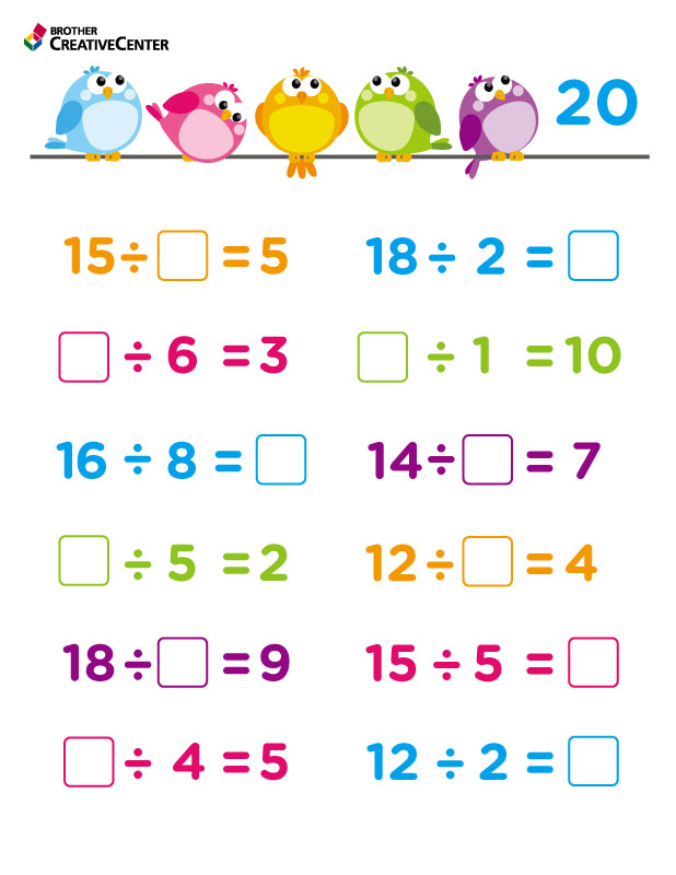 Printable Learning Activity for Free - Division Worksheet - 1 to 20 | Brother Creative Center