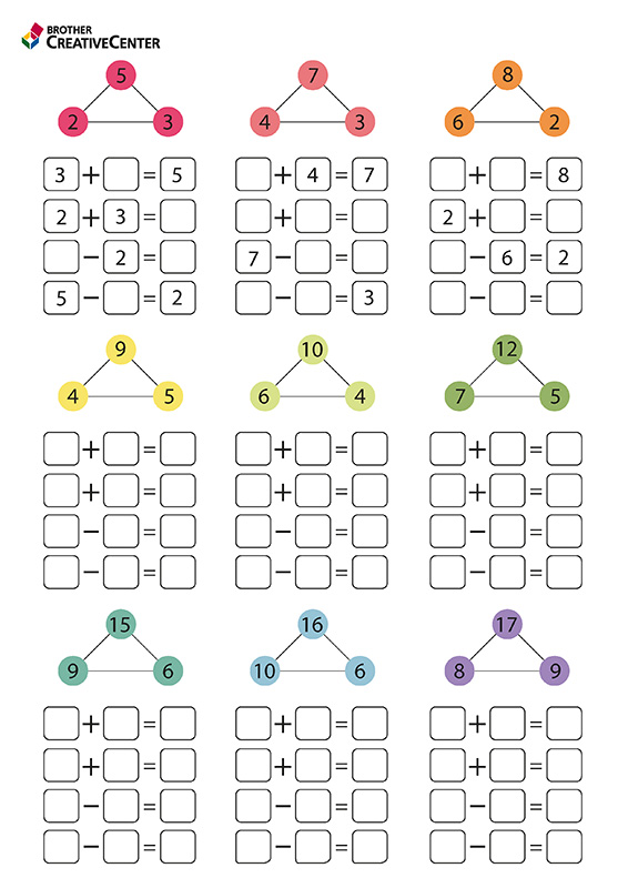 Printable Learning Activity for Free - Fact Families Worksheet | Brother Creative Center