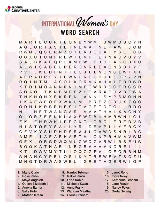 Free Printable Educational Activity - International Women's Day Word Search | Brother Creative Center
