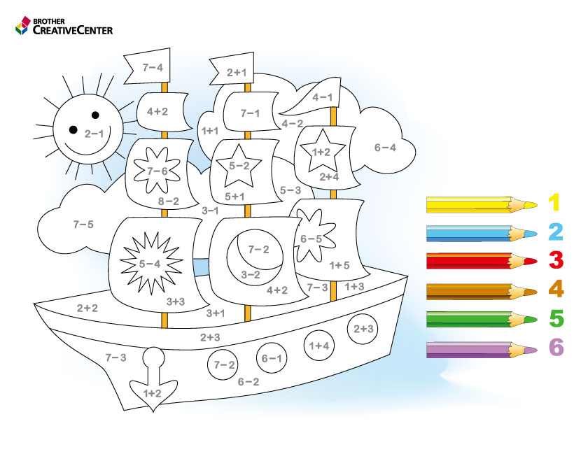 Activité pédagogique imprimable gratuitement - Coloriage mathématique par numéro - Bateau | Brother Creative Center