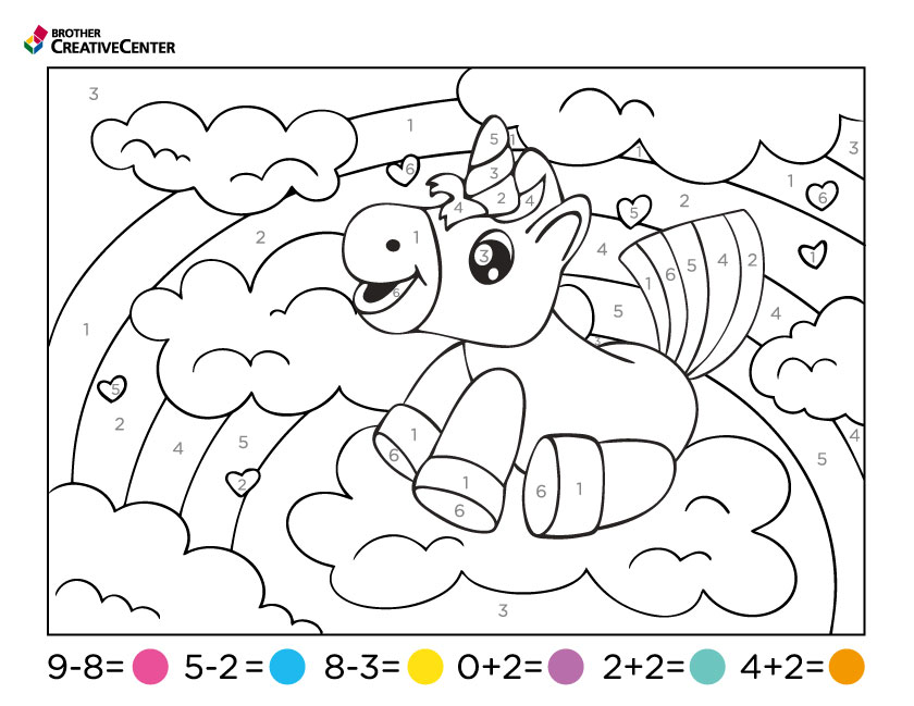 Actividad de aprendizaje imprimible gratis - Acuarela por número con matemáticas - Unicornio | Brother Creative Center