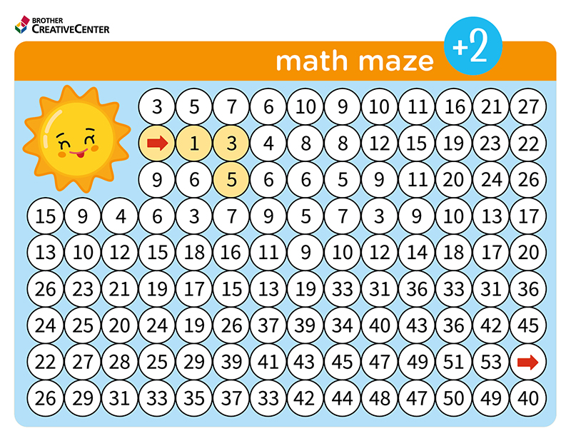 Printable Learning Activity for Free - Math maze - Add 2 | Brother Creative Center